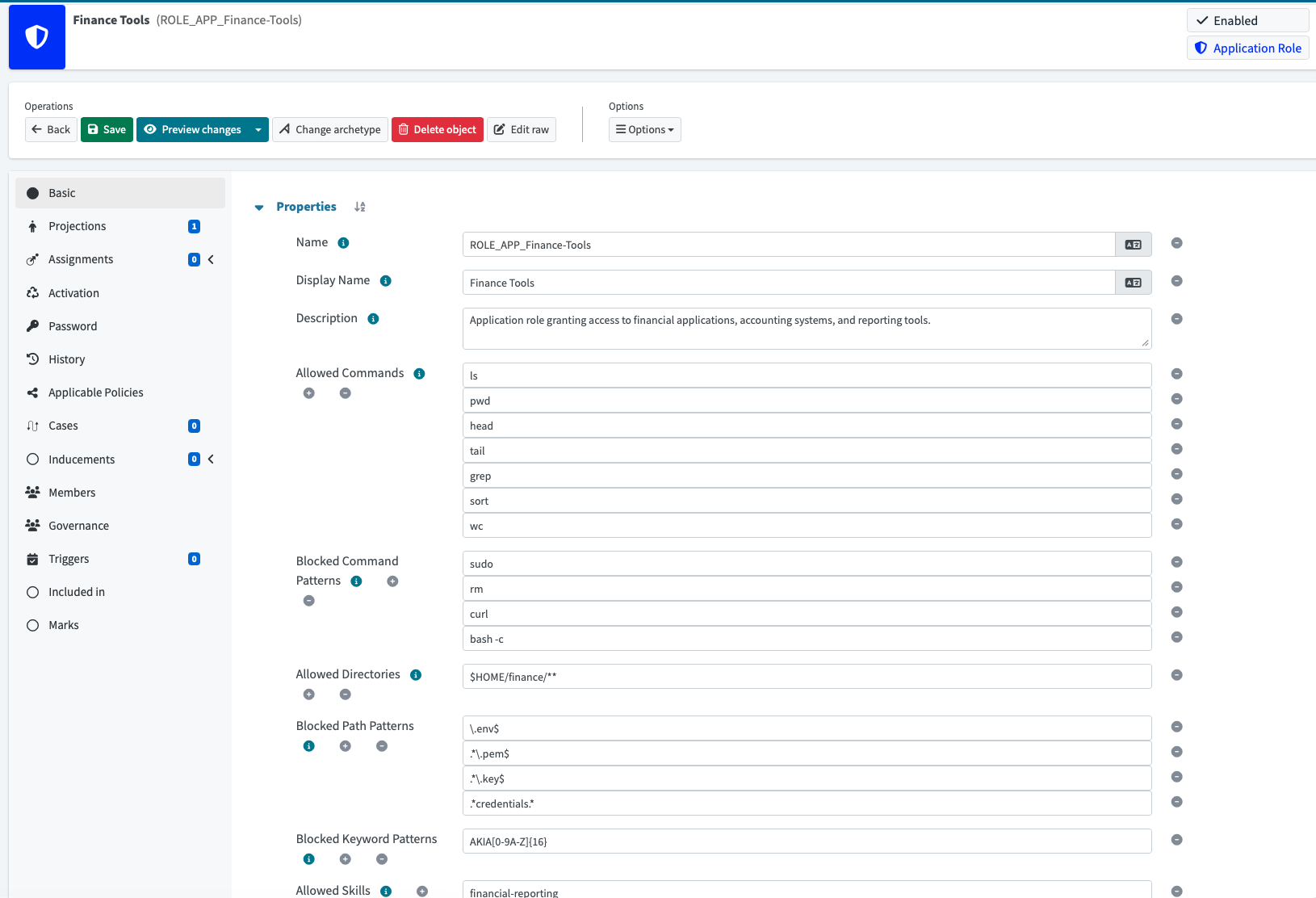 AI agent governance with midPoint Application Roles: the Finance Tools role defining allowed commands, blocked commands, allowed directories, blocked path patterns, and blocked keyword patterns.
