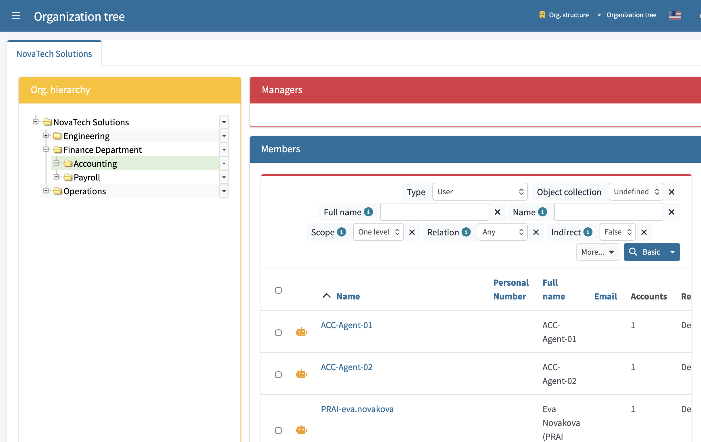 AI agent governance through midPoint org hierarchy: NovaTech Solutions with Engineering, Finance, and Operations departments containing both human and AI agent identities.