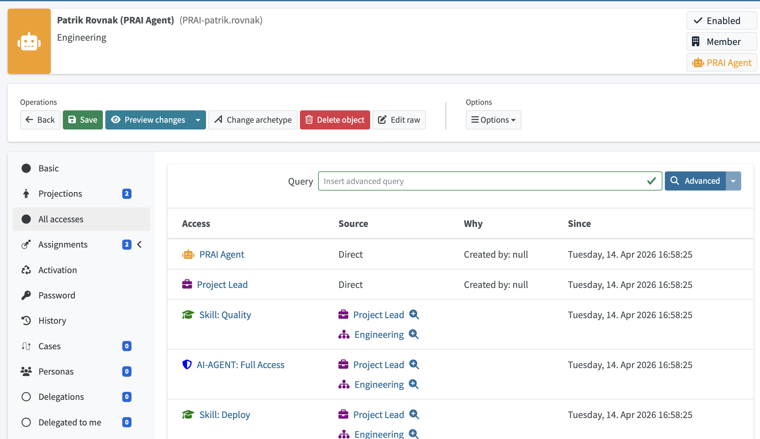 AI agent governance in midPoint: automatically computed RBAC access showing Full Access, Deploy, and Quality skills inherited from organizational placement and Project Lead role.